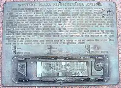 Western Plaza plaque describing the history and features of  Plaza and of the L'Enfant Plan. The plaque's engraved illustration identifies the locations of the Plaza's major elements. (2006)