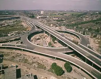 Image 7The newly constructed junction of the Westway (A40) and the West Cross Route (A3220) at White City, circa 1970. Continuation of the West Cross Route northwards under the roundabout was cancelled leaving two short unused stubs for the slip roads that would have been provided for traffic joining or leaving the northern section.