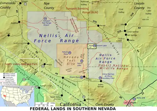 Image 1A map that details the federal land in southern Nevada, showing Nellis Air Force Base Complex and Nevada Test Site (from Nevada)