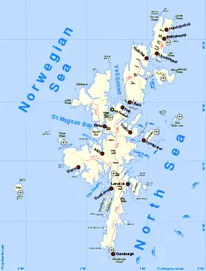 A map of Shetland. The main islands lie on a north-south axis, with the Norwegian Sea to the north and west and the North Sea to the south and east.