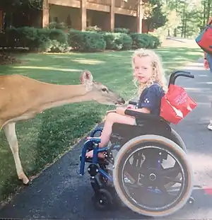 a child with cerebral palsy in a blue manual wheelchair