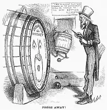 "Uncle Sam" cartoon tapping a Louisville whiskey barrel, captioned "probe away"