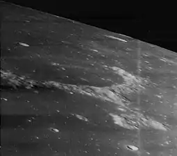 Oblique view of Wichmann R, facing southwest.  Wichmann itself is just out of the view to the left.  From Lunar Orbiter 3.