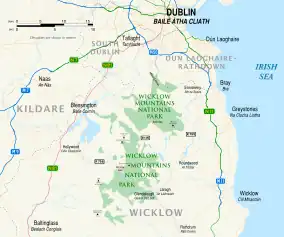 Map of Wicklow Mountains National Park and surrounding areas of County Wicklow, County Kildare and Dublin, park highlighted in green