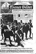 Austrian weekly Wiener Bilder', the first newspaper featuring the photograph captioned as the arrest of Gavrilo Princip, 5 July 1914.