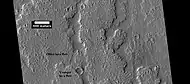 Close-up of lava flow with labels, as seen by HiRISE under HiWish program Note: this is an enlargement of the previous image of lava flows.