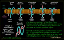 Clove Family of Constrictor, Bag, Groundline, Strangle.  Knot vs. Hitch.  Purchase as rope taken from system and then can you hold it fast (old sailor terms)