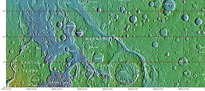 Tography map of Oxia Palus region of Mars showing the location of a number of chaos regions, including Hydrates Chaos