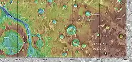 MOLA map showing Vernal Crater and other nearby craters. Colors indicate elevations.