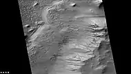 Old glacial flows and gullies on eastern side of Galle crater, as seen by CTX  camera.  Note: this is an enlargement of the previous photo.