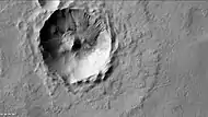 Gullies in a crater that is on the floor of Heaviside Crater, as seen by CTX camera (on Mars Reconnaissance Orbiter).  Note: this is an enlargement of the previous image of Heaviside Crater.