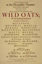 Poster in mock-18th-century typeface, giving the cast's names as Mr Fiander, Mifs Cusack and so on