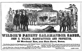 Advertisement for Wilder's Patent Salamander Safes, Merchants Row, Boston, 1850.