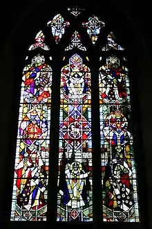 Stained glass window by Lawrence Lee in St John the Baptist's church, Penshurst, Kent. Presented by the people of Penshurst in August 1970 in commemoration of the institution of Wilhelmus as the first Parish priest on 27 December 1170 by Thomas Becket.