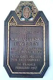 Memorial to St Swithun's parishioner William Henry Laverty, killed in World War I.