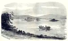 Black and white line drawing of a rowboat on a lake, with a small populated island in the background.