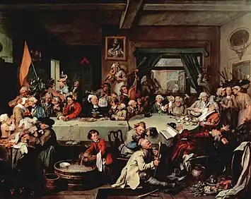  a satirical painting by William Hogarth. It shows canvassers for the Whig Party relaxing in an inn after an affray outside with their opponents from the Tory Party. On the floor, trampled underfoot, is a Tory campaign poster reading "Give us our Eleven Days"