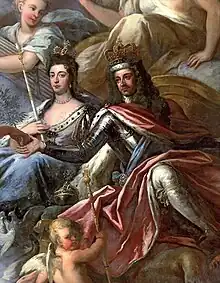 William III and Mary II receive the olive branch from Peace.  Painting by James Thornhill, c.1700, Old Royal Naval College, Greenwich