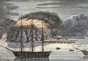 Image 20HMS North Star destroying Pomare's Pā during the Northern/Flagstaff War, 1845, Painting by John Williams. (from History of New Zealand)