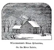 a drawing of the outside of a multi-room log cabin during winter