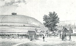 Engraving of St. Catherine's Hill as a bare hill in 1838, with a Winchester College football match, by then played in the Itchen valley rather than on the hilltop