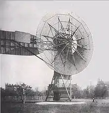 Image 20The first automatically operated wind turbine, built in Cleveland in 1887 by Charles F. Brush. It was 60 feet (18 m) tall, weighed 4 tons (3.6 metric tonnes) and powered a 12 kW generator. (from Wind turbine)