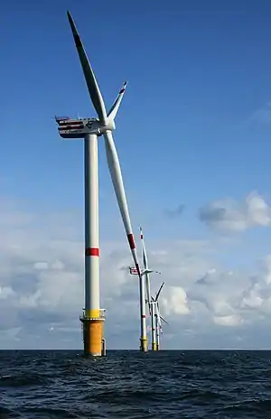 Image 12Thorntonbank Wind FarmPhoto credit: Hans HillewaertWind turbines belonging to the Thorntonbank Wind Farm located in the North Sea, 28 km (17 mi) off the coast of Belgium. Electricity generation started in early 2009, with an initial capacity of 30 MW, and that number is expected to rise to 300 MW by 2015. A 37 km (23 mi) 150 kV undersea cable connects the wind farm to the shore.More selected pictures