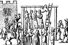 An image of suspected witches being hanged in England, published in 1655.