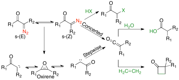 Mechanistic landscape of the Wolff-rearrangement, with the concerted mechanism on the top and stepwise mechanism with carbene and oxirene intermediates on the bottom.