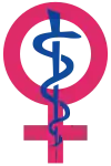 Logo depicting women's health, symbol for female in red, with a blue staff entwined with a snake