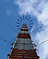 Top of 432 m mast of station G Omega antenna, Victoria, Australia, showing insulators attaching the 16 umbrella wires to the mast