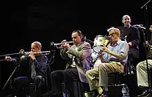 Woody Allen with Jerry Zigmont and Simon Wettenhall performing at Vienne Jazz Festival, Vienne, France.