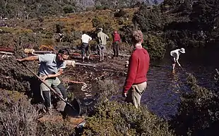 Two people digging and four people looking for gravel