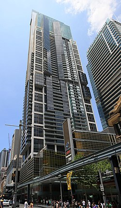 World Square Tower from Liverpool Street in 2009 with the now demolished Sydney Monorail in the foreground