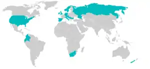 Map of worldwide distribution of Whirling Disease