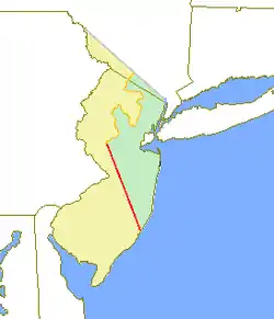 A map of New Jersey, with the left side yellow (West Jersey), the right side green (East Jersey), divided by an orange line and a red line.