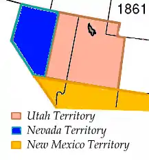 Image 26The Nevada 1861 territory boundary (blue) changed three times: 1864 statehood shifted eastern border from 39th to 38th meridian, 1866 May 5; east border (pink) moved eastward 53.3 mi (85.8 km), from the 38th to 37th meridian, and 1867 January 18; south boundary (yellow) moved from the 37th parallel north southward to the current boundary (14 Stat. 43) (from History of Nevada)