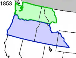 The Washington Territory (green) and the Oregon Territory (blue) in 1853