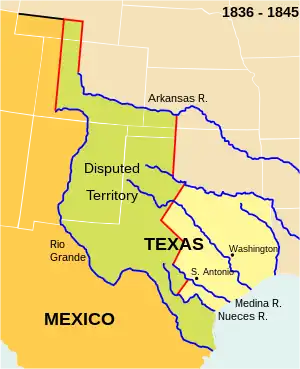 Image 2The Republic of Texas. The present-day outlines of the U.S. states (white lines) are superimposed on the boundaries of 1836–1845. (from History of Texas)