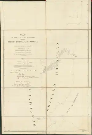 A yellowed map from 1859 with text that reads "Map of Part of the Boundary between British Honduras and Guatemala" and a mostly straight red line depicting the border between the two countries