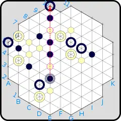 (B) Black has decided on the move  (B)E4→E10 , which results in the placement of a black marker at E4 and the reversal of the colors of the five markers from E5–E9.