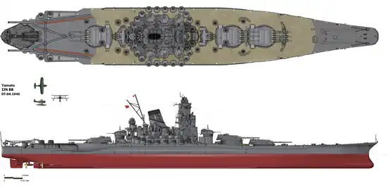 Image 10Japanese battleship YamatoImage: AlexplA line drawing of the Japanese battleship Yamato, the lead ship of the Yamato class of battleships that served with the Imperial Japanese Navy during World War II. Named after the ancient Japanese Yamato Province, she was launched on 8 August 1940 and served as the flagship of the Japanese Combined Fleet in 1942.More selected pictures