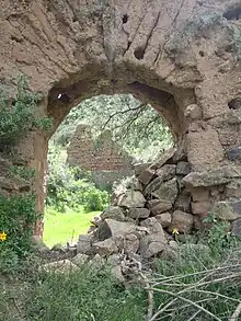 An arched doorway of a ruined church. There are small plants growing around the arch, and a pile of stones to one side of the doorway. Looking through the doorway, there is grass, shrubs, and more ruins