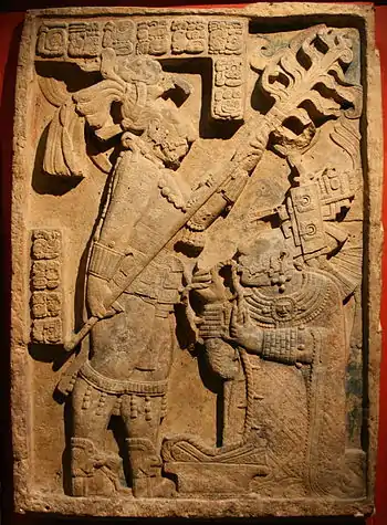 Yaxchilan lintel 24, king holding torch and queen letting blood, 723–726 CE (British Museum)