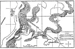 Map of the waterways covered in the early part of the expedition. Beginning at the Yazoo Cut on the Mississippi just below Helena, Arkansas, it passes through Moon Lake, then along the Yazoo Pass to the Coldwater River.