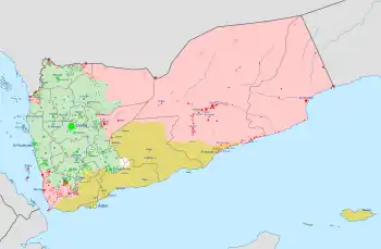 Image 38Current (November 2021) political and military control in ongoing Yemeni Civil War (2014–present)  Controlled by the Government of Yemen (under the Presidential Leadership Council since April 2022) and allies  Controlled by Houthis-led Supreme Political Council  Controlled by Ansar al-Sharia, Al-Qaeda in the Arabian Peninsula and Islamic State of Iraq and the Levant  Controlled by Southern Transitional Council (from History of Yemen)