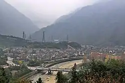 An aerial view of Yingxiu in 2016, featuring many new constructions in Xiuping