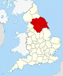 Map of the counties of England, with Yorkshire highlighted in dark red