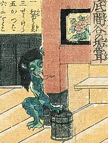 "Akaname of the Deep Dark Valley" from the pictured paper used as dice game board, Utagawa Yoshikazu