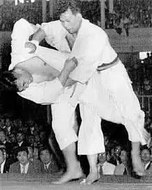 Image 31Yoshihiko Yoshimatsu attempting to throw Toshiro Daigo with an uchi mata in the final of the 1951 All-Japan Judo Championships  (from Judo)